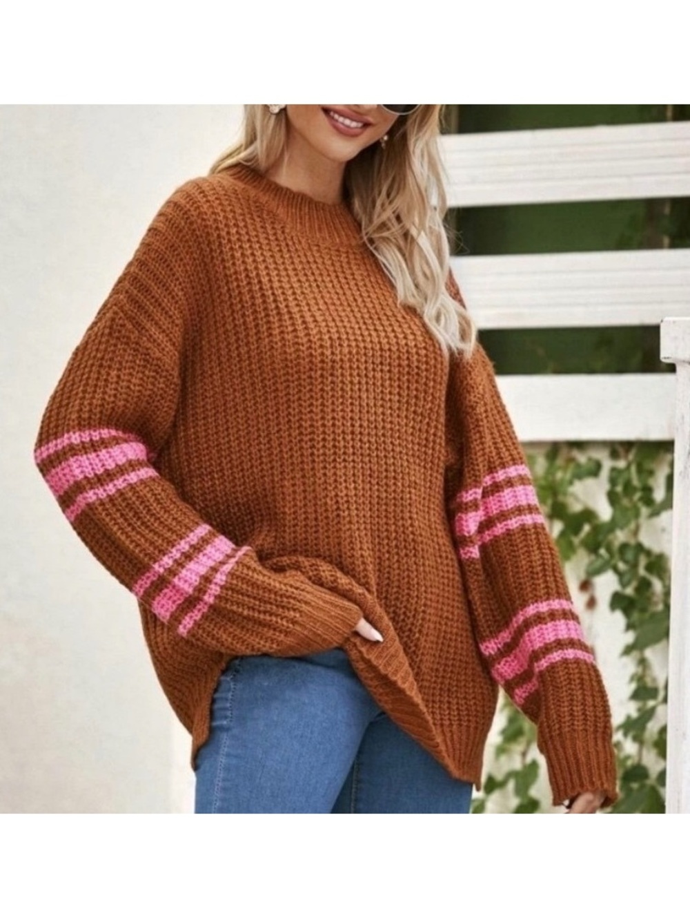 AERIE Chunky Knit Crew Neck Cinnamon Brown & Pink Sweater MED INDIE SLEAZE